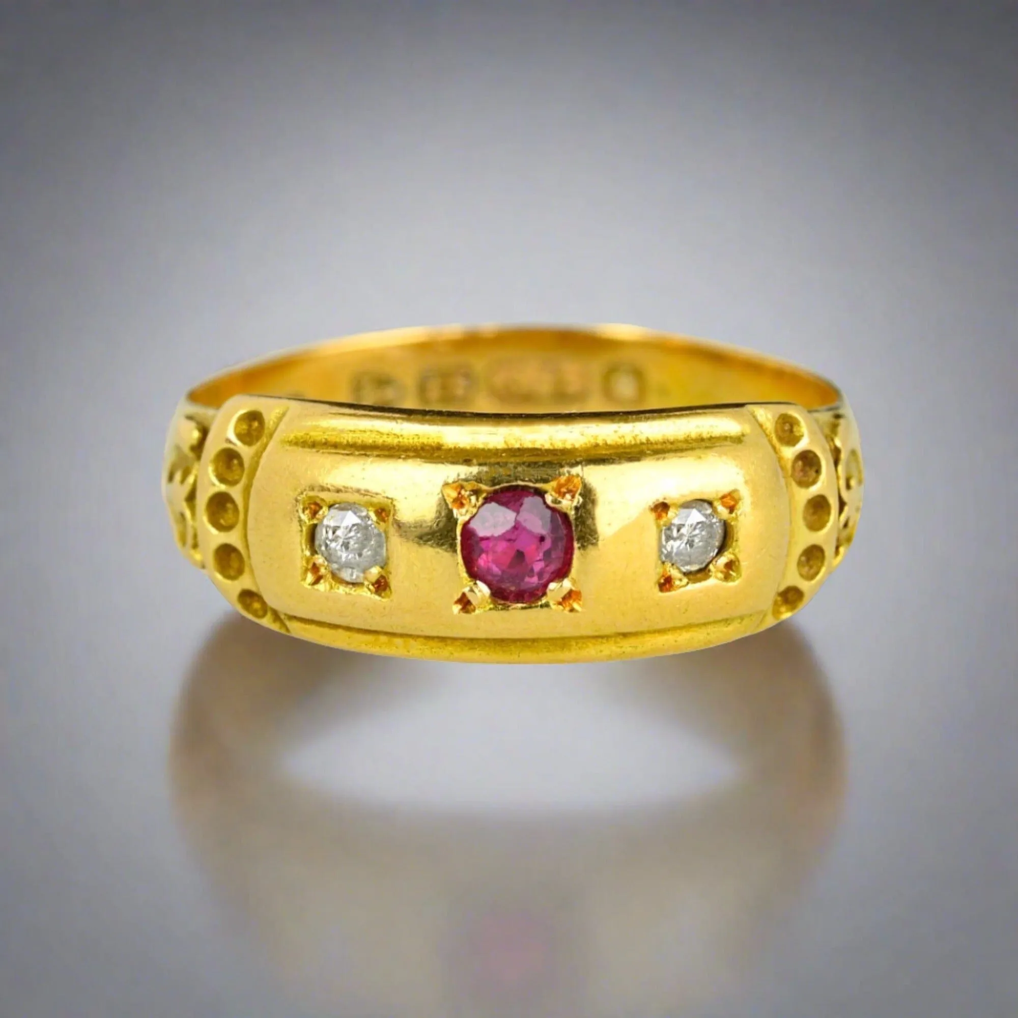 Antique Chester Assayed 15K Gold Diamond Ruby Ring Band