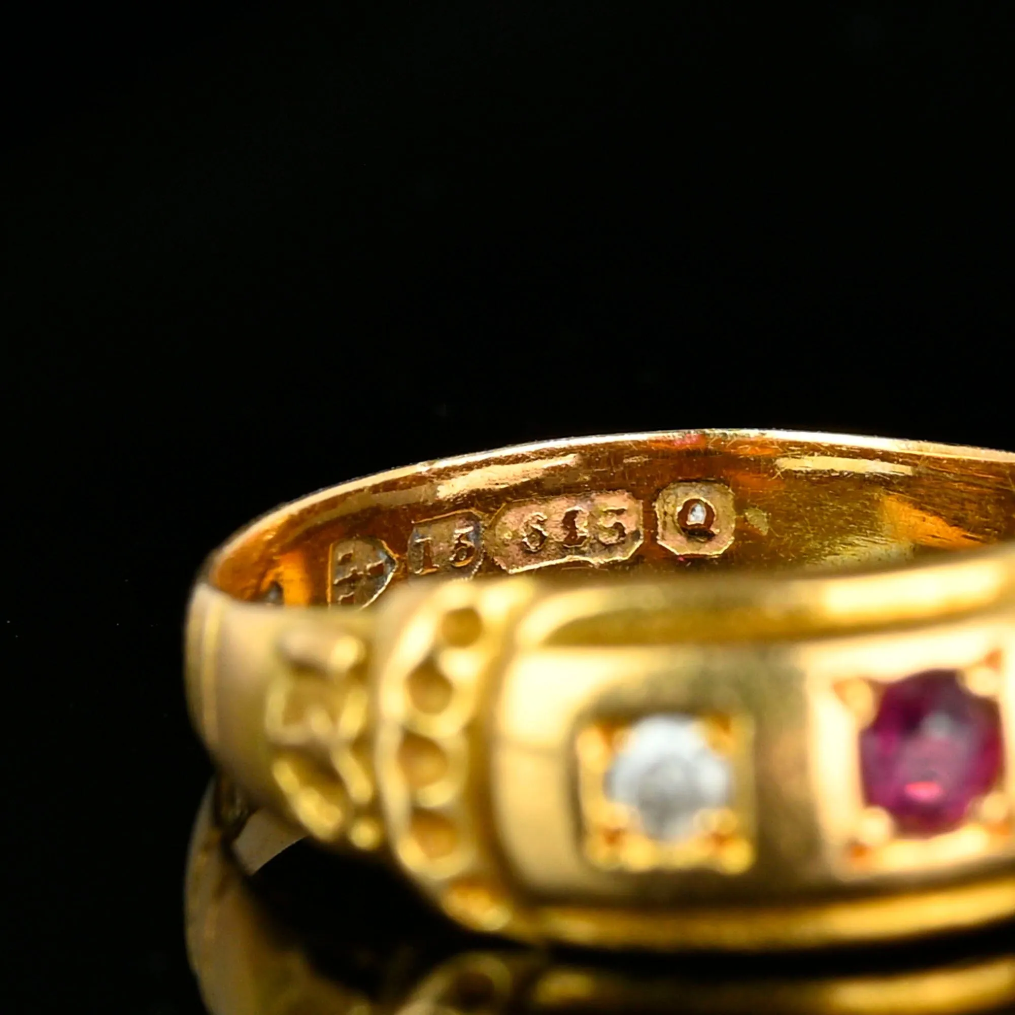 Antique Chester Assayed 15K Gold Diamond Ruby Ring Band