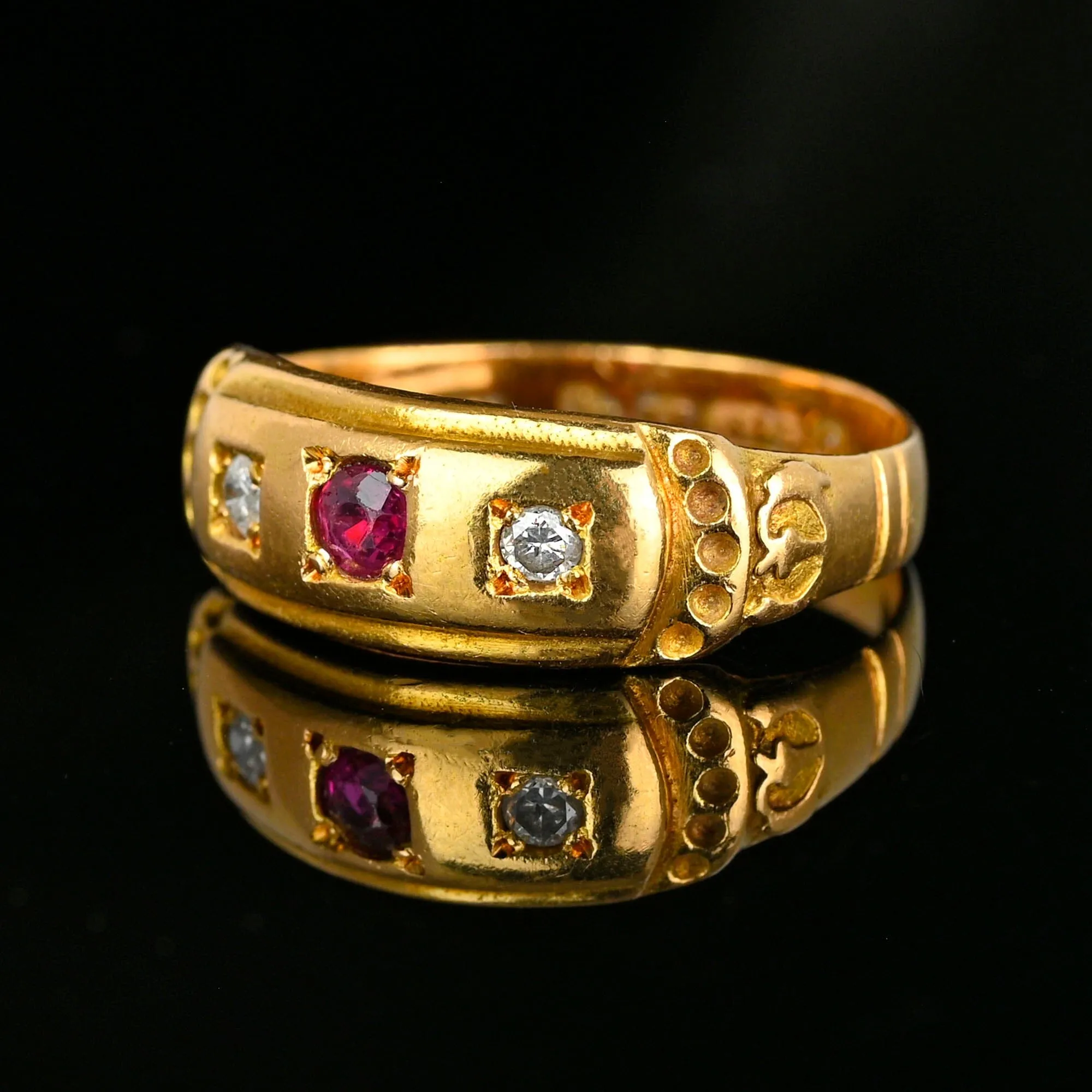 Antique Chester Assayed 15K Gold Diamond Ruby Ring Band