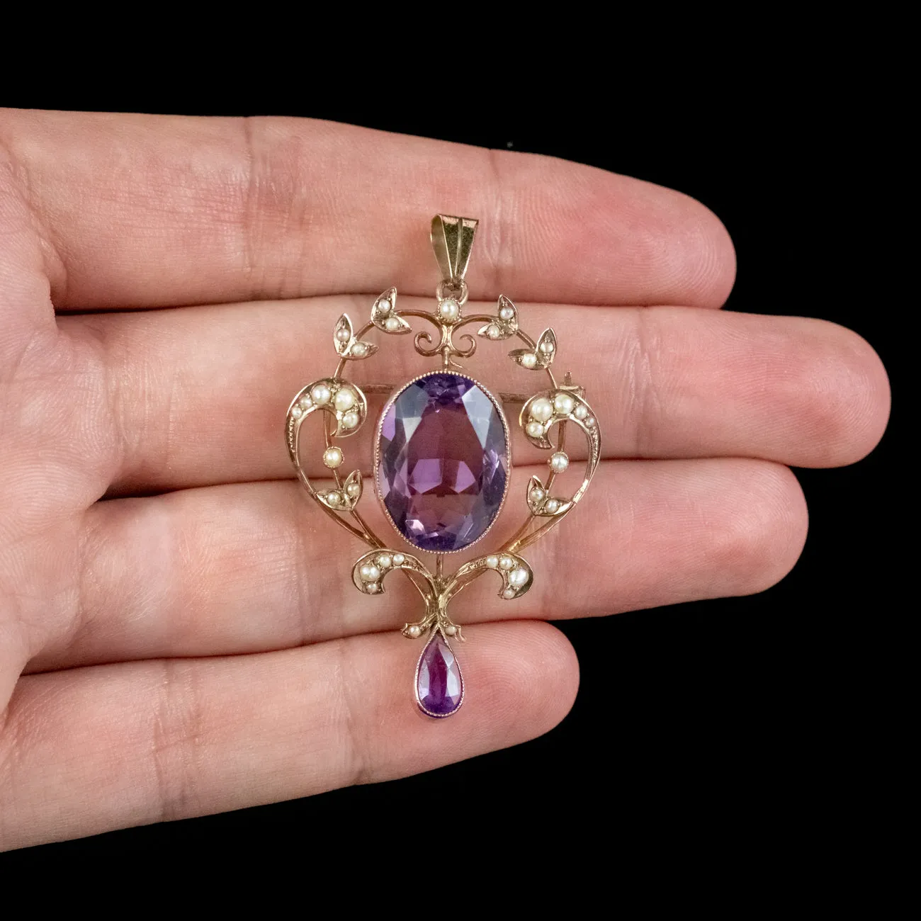 Antique Edwardian Amethyst Pearl Pendant 9ct Gold Circa 1910