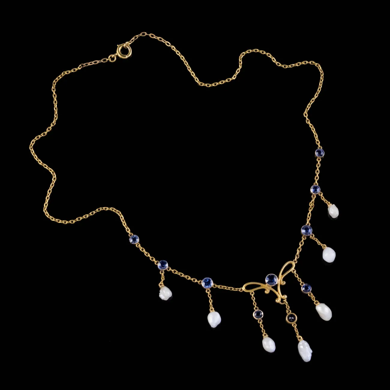 Antique Edwardian Sapphire Natural Pearl Lavaliere Necklace 15Ct Gold Circa 1915