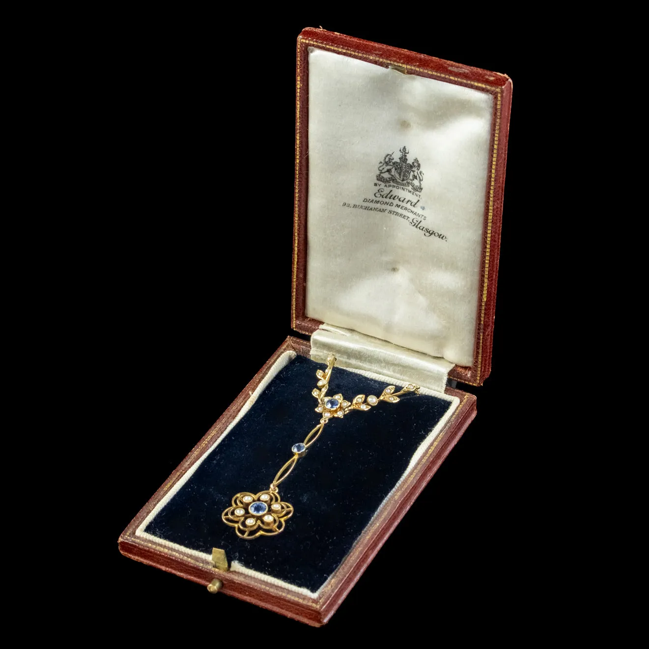 Antique Edwardian Sapphire Pearl Lavaliere Necklace 15ct Gold Boxed Edward And Sons Circa 1915