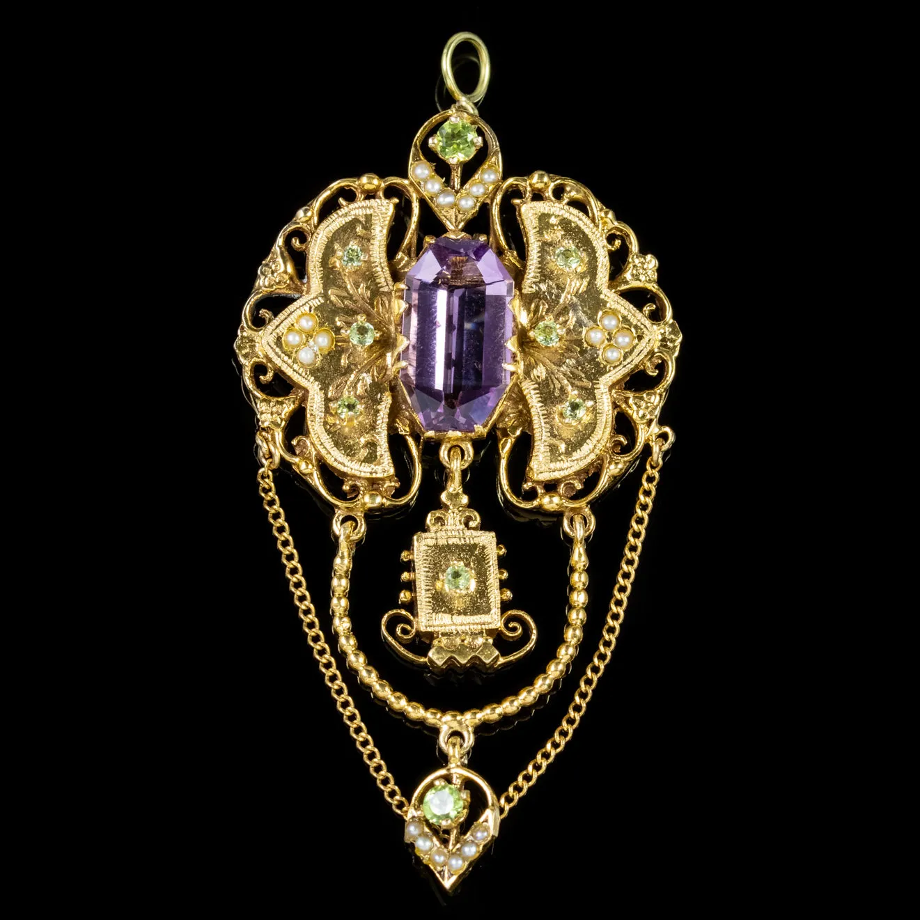 Antique Edwardian Suffragette Drop Pendant 18Ct Gold Amethyst Circa 1910