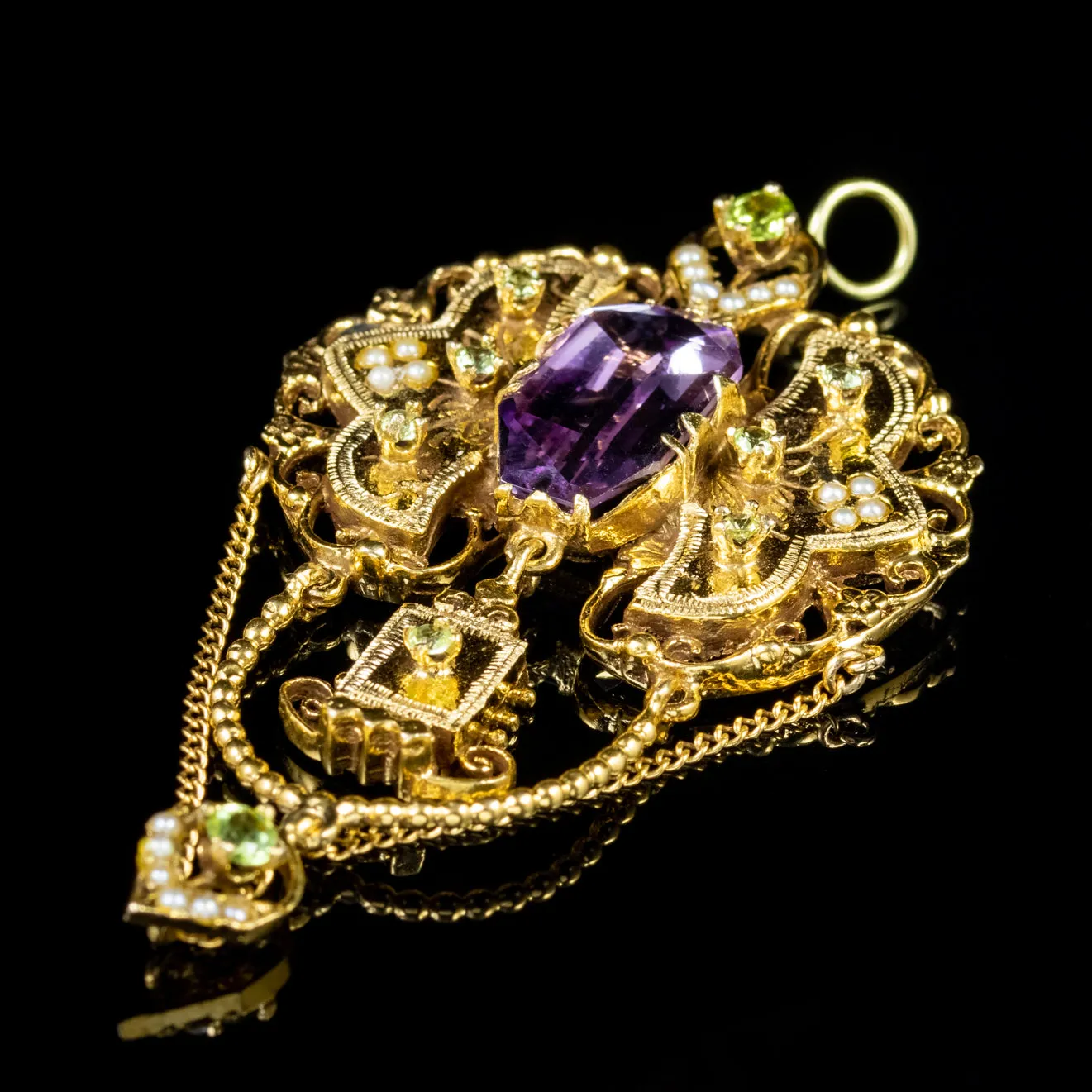 Antique Edwardian Suffragette Drop Pendant 18Ct Gold Amethyst Circa 1910