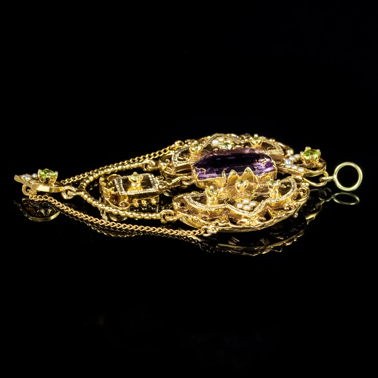 Antique Edwardian Suffragette Drop Pendant 18Ct Gold Amethyst Circa 1910