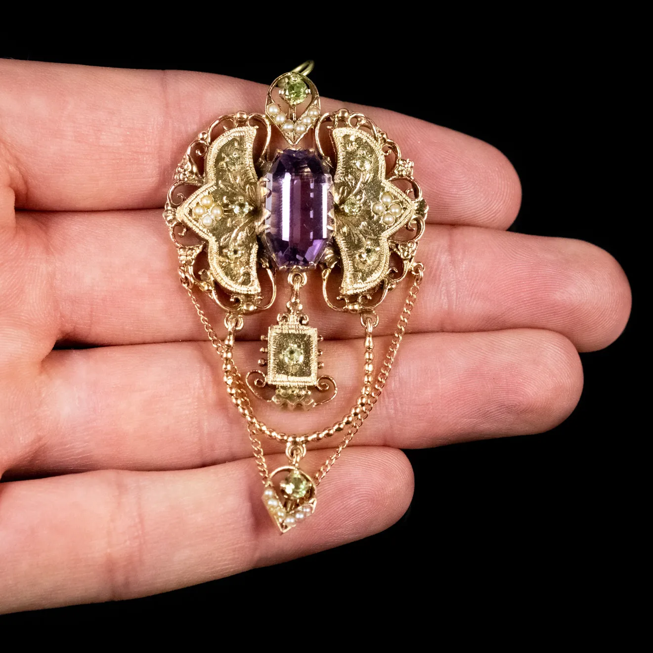 Antique Edwardian Suffragette Drop Pendant 18Ct Gold Amethyst Circa 1910