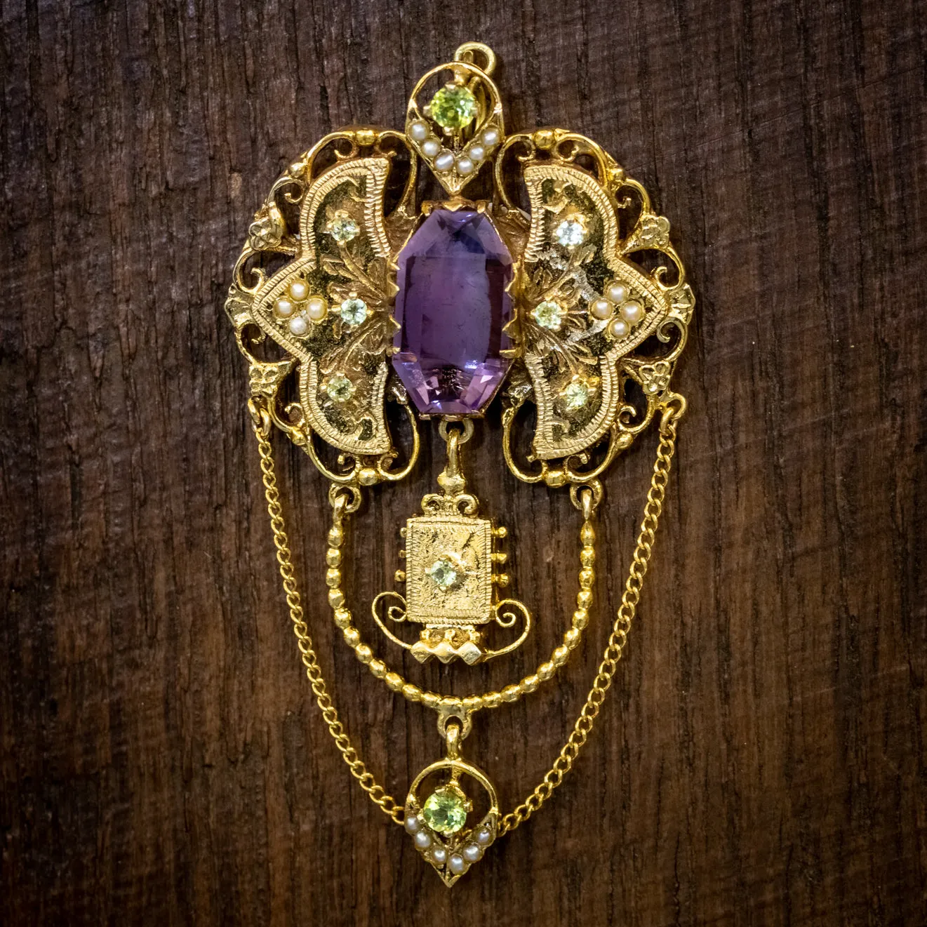 Antique Edwardian Suffragette Drop Pendant 18Ct Gold Amethyst Circa 1910