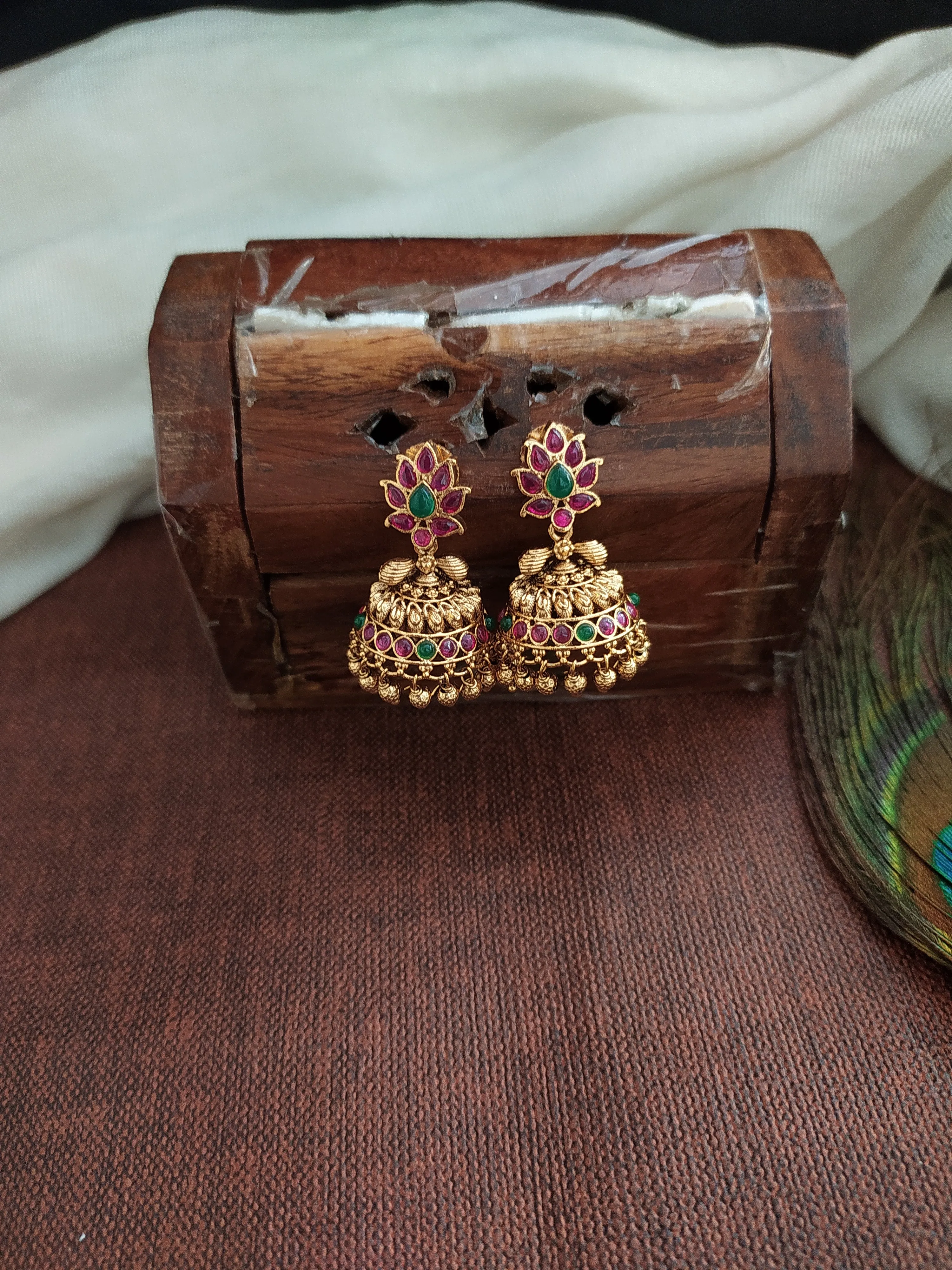 Antique Long Haram Set with Jhumki in Kemp and Green Stones