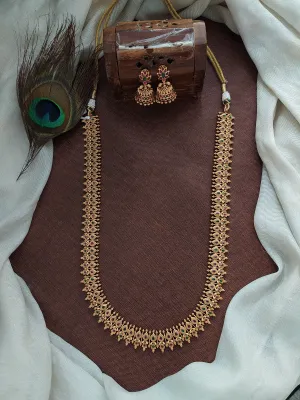 Antique Long Haram Set with Jhumki in Kemp and Green Stones