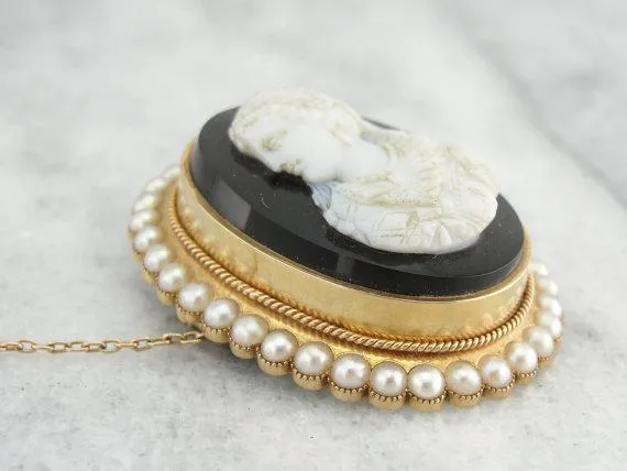 Antique Victorian Onyx Cameo Brooch Pendant