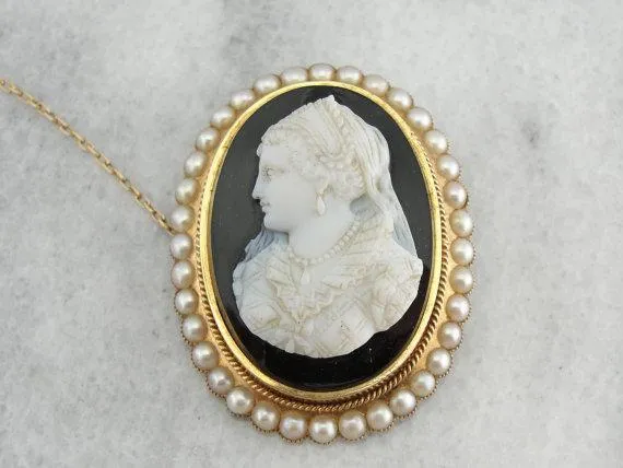 Antique Victorian Onyx Cameo Brooch Pendant