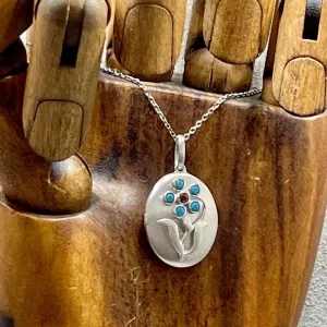 Arts & Crafts Style Forget Me Not Flower Locket With Turquoise in Sterling Silver