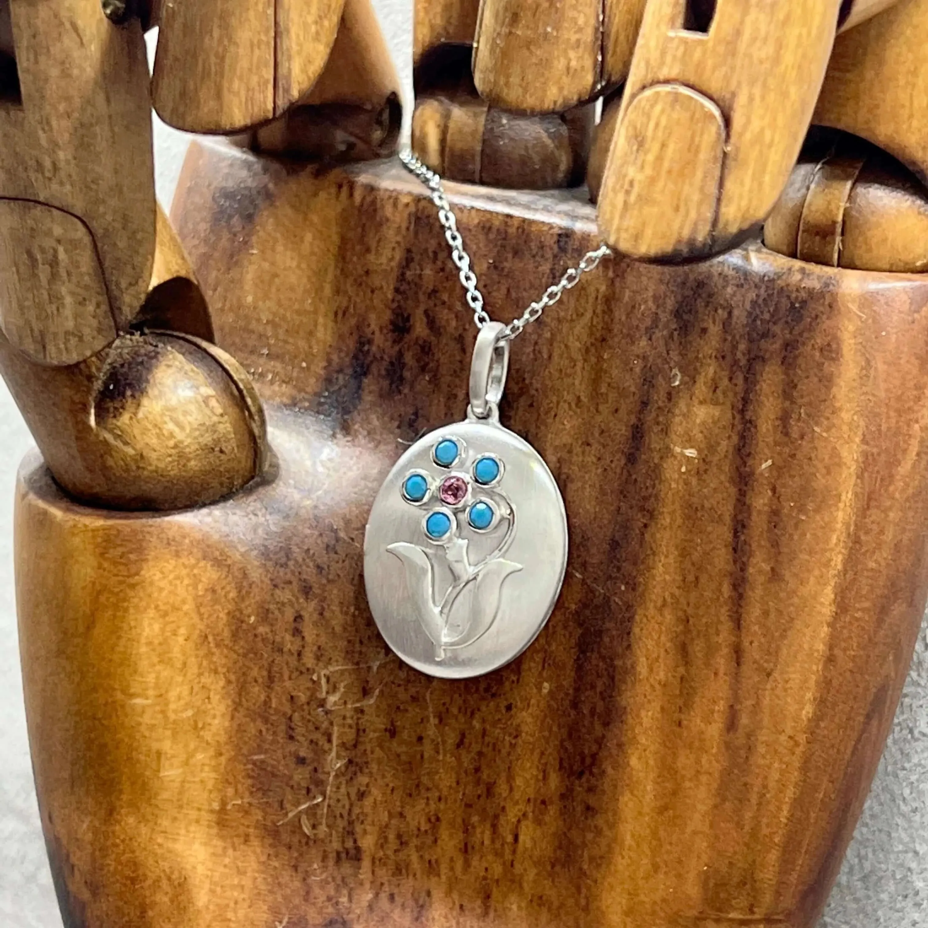 Arts & Crafts Style Forget Me Not Flower Locket With Turquoise in Sterling Silver