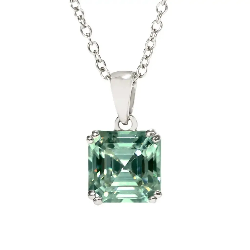 Asscher Light Green Moissanite Solitaire Pendant in 18K gold