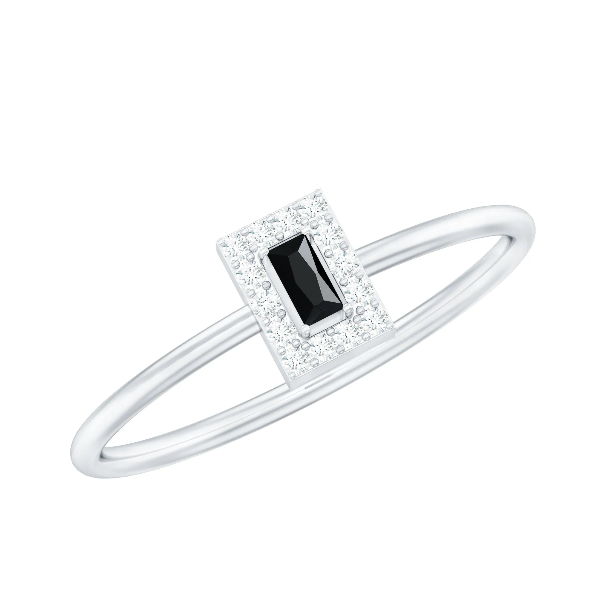 Baguette Black Onyx Dainty Promise Ring with Diamond