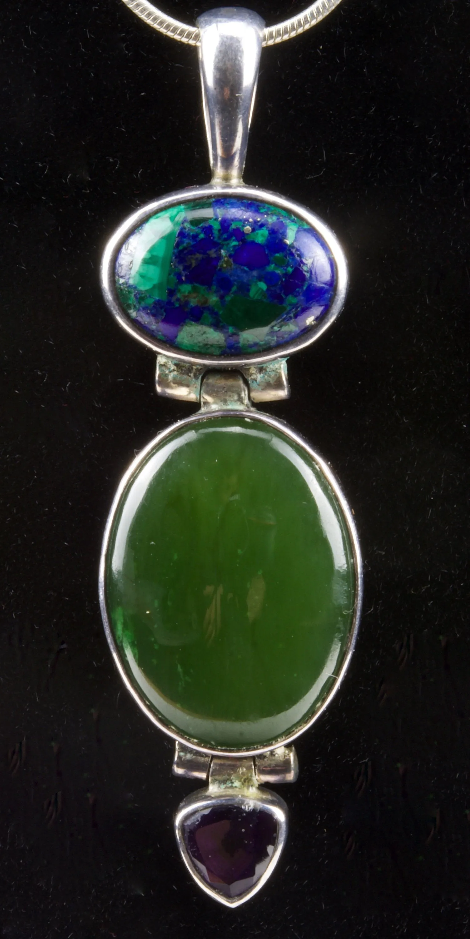 Beautiful Azurite/Malachite, Nephrite Jade, and Amethyst Sterling Pendant on Sterling Silver Chain