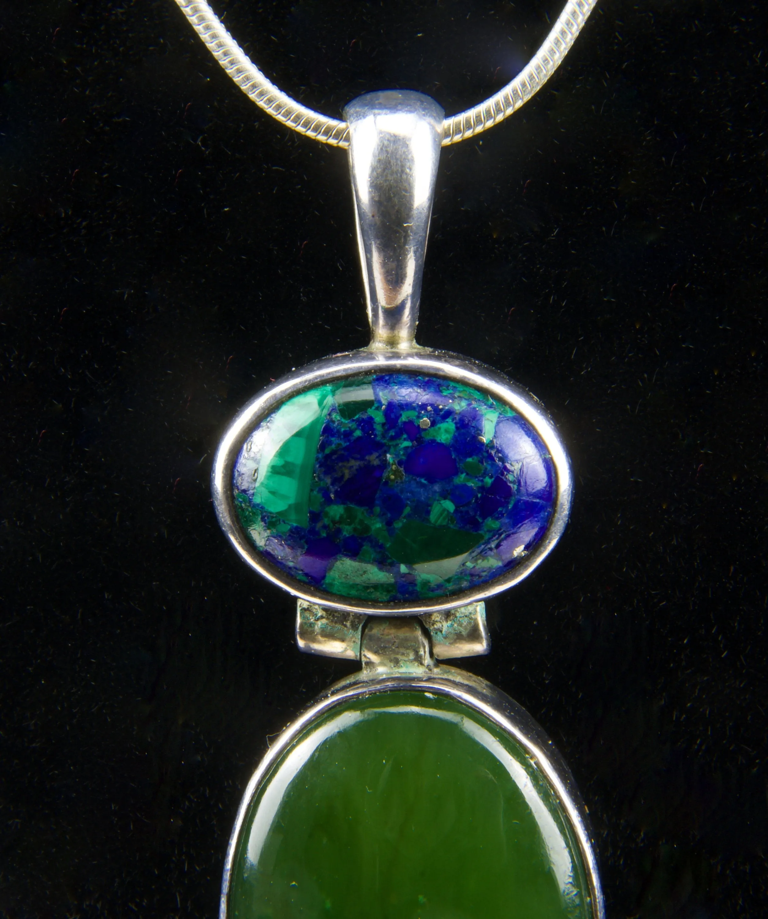 Beautiful Azurite/Malachite, Nephrite Jade, and Amethyst Sterling Pendant on Sterling Silver Chain