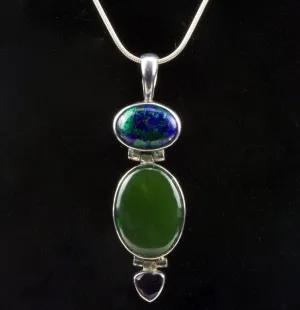 Beautiful Azurite/Malachite, Nephrite Jade, and Amethyst Sterling Pendant on Sterling Silver Chain