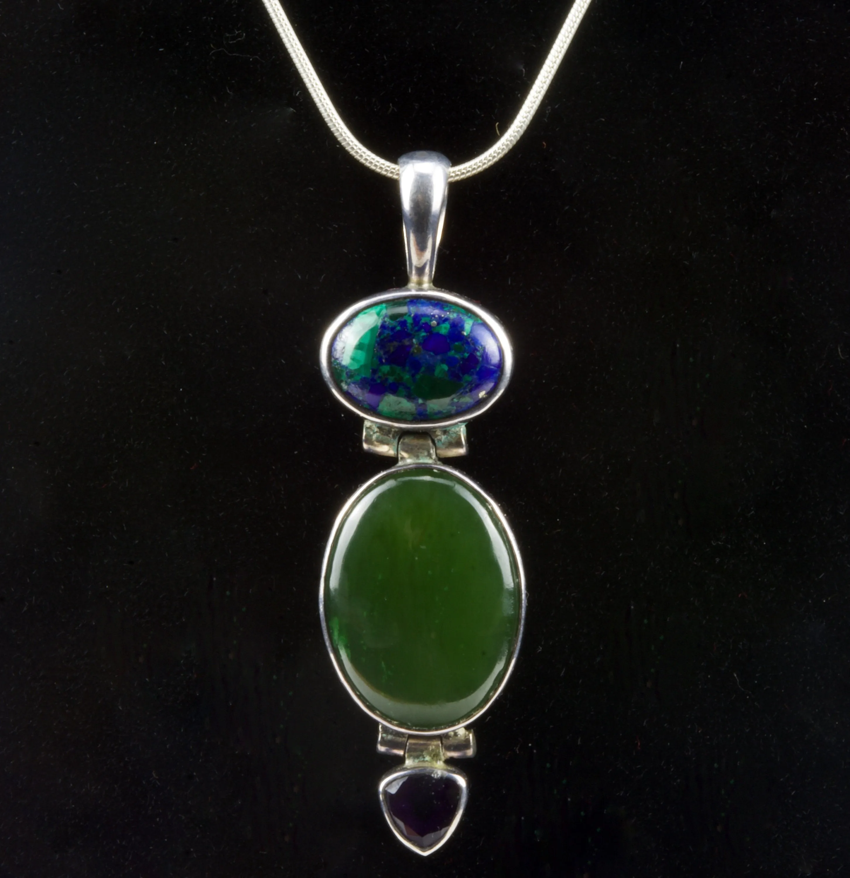 Beautiful Azurite/Malachite, Nephrite Jade, and Amethyst Sterling Pendant on Sterling Silver Chain