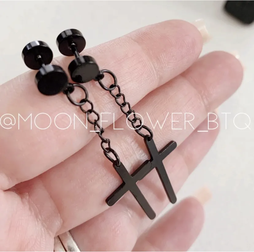 Black Dangly Cross Earrings