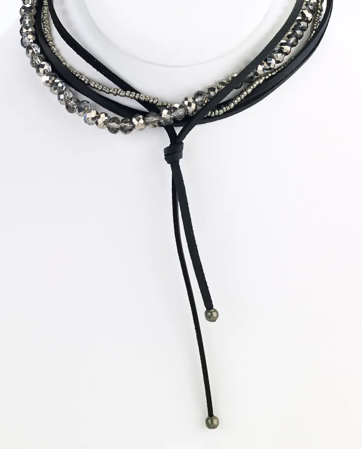 Black Leather Choker Necklace with Silver Beads