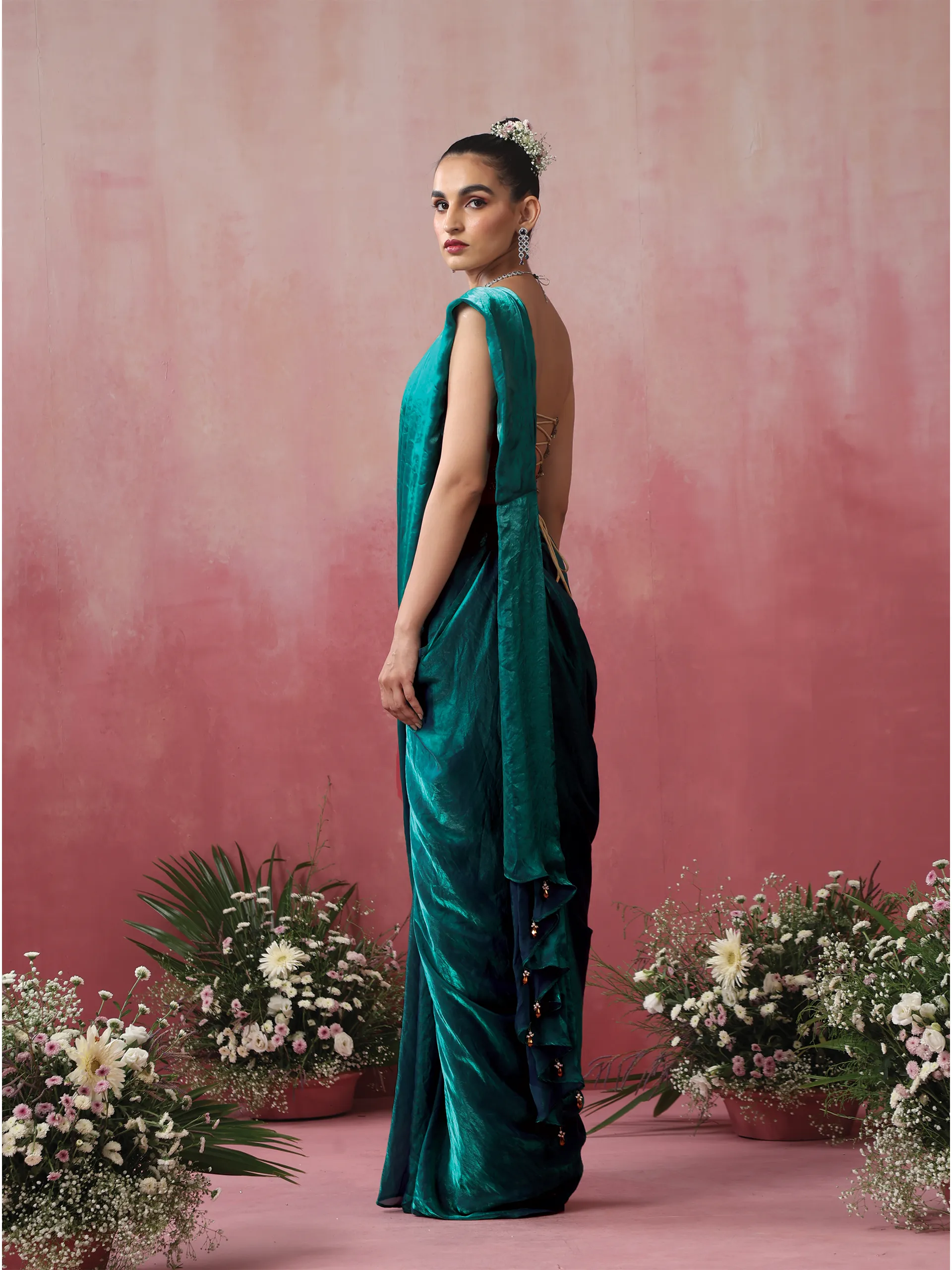 Blazing Blue Green Skirt Metallic Satin Skirt Saree with Pocket