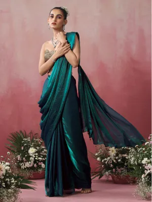 Blazing Blue Green Skirt Metallic Satin Skirt Saree with Pocket