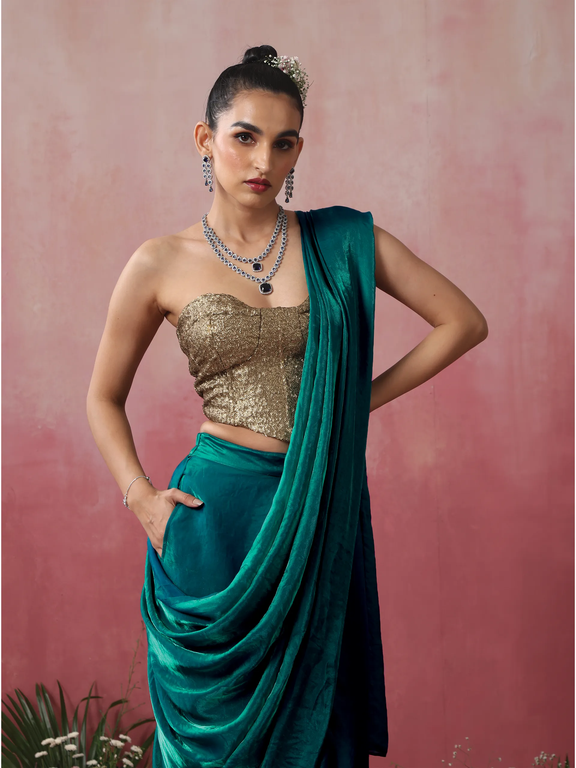 Blazing Blue Green Skirt Metallic Satin Skirt Saree with Pocket