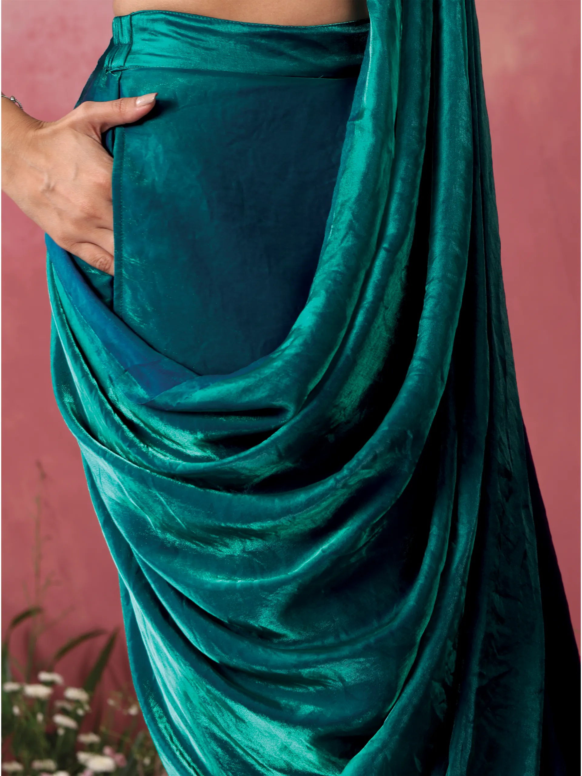 Blazing Blue Green Skirt Metallic Satin Skirt Saree with Pocket