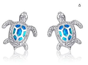 Blue Opal Sea Turtle Earrings Turtle Jewelry Gift 925 Sterling Silver