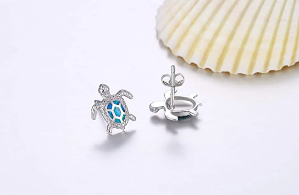 Blue Opal Sea Turtle Earrings Turtle Jewelry Gift 925 Sterling Silver