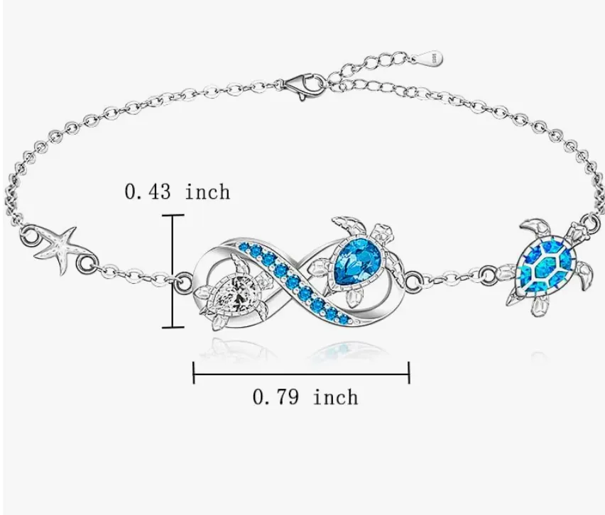 Blue Opal Sea Turtle Infinity Bracelet Sea Turtle Anklet Starfish Jewelry Gift 925 Sterling Silver Bracelet 6 - 10in.