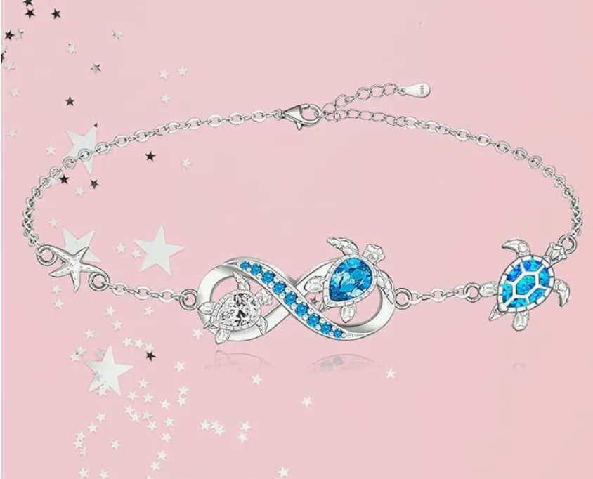 Blue Opal Sea Turtle Infinity Bracelet Sea Turtle Anklet Starfish Jewelry Gift 925 Sterling Silver Bracelet 6 - 10in.