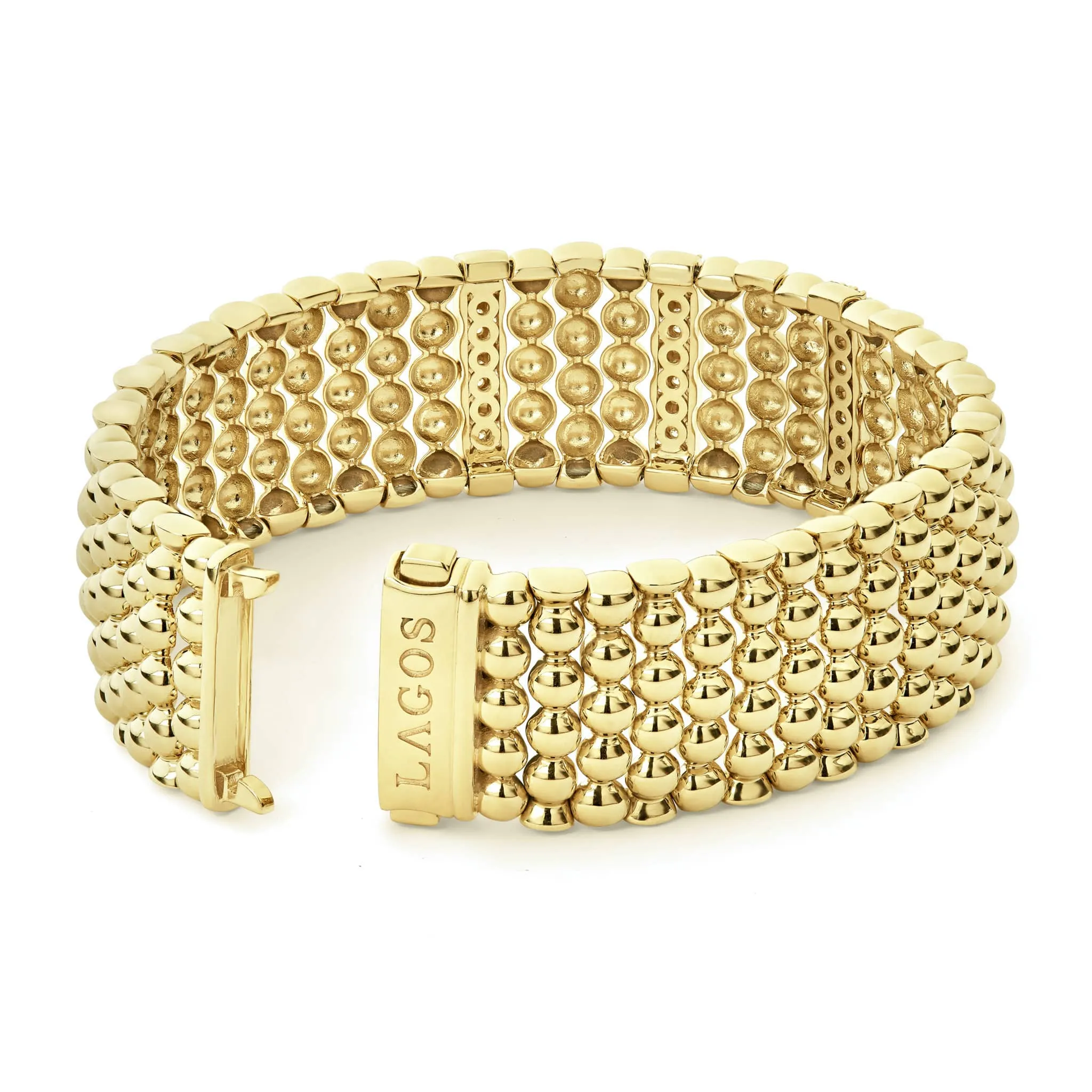 Caviar Gold Three Station 18K Gold Diamond Bracelet | 20mm