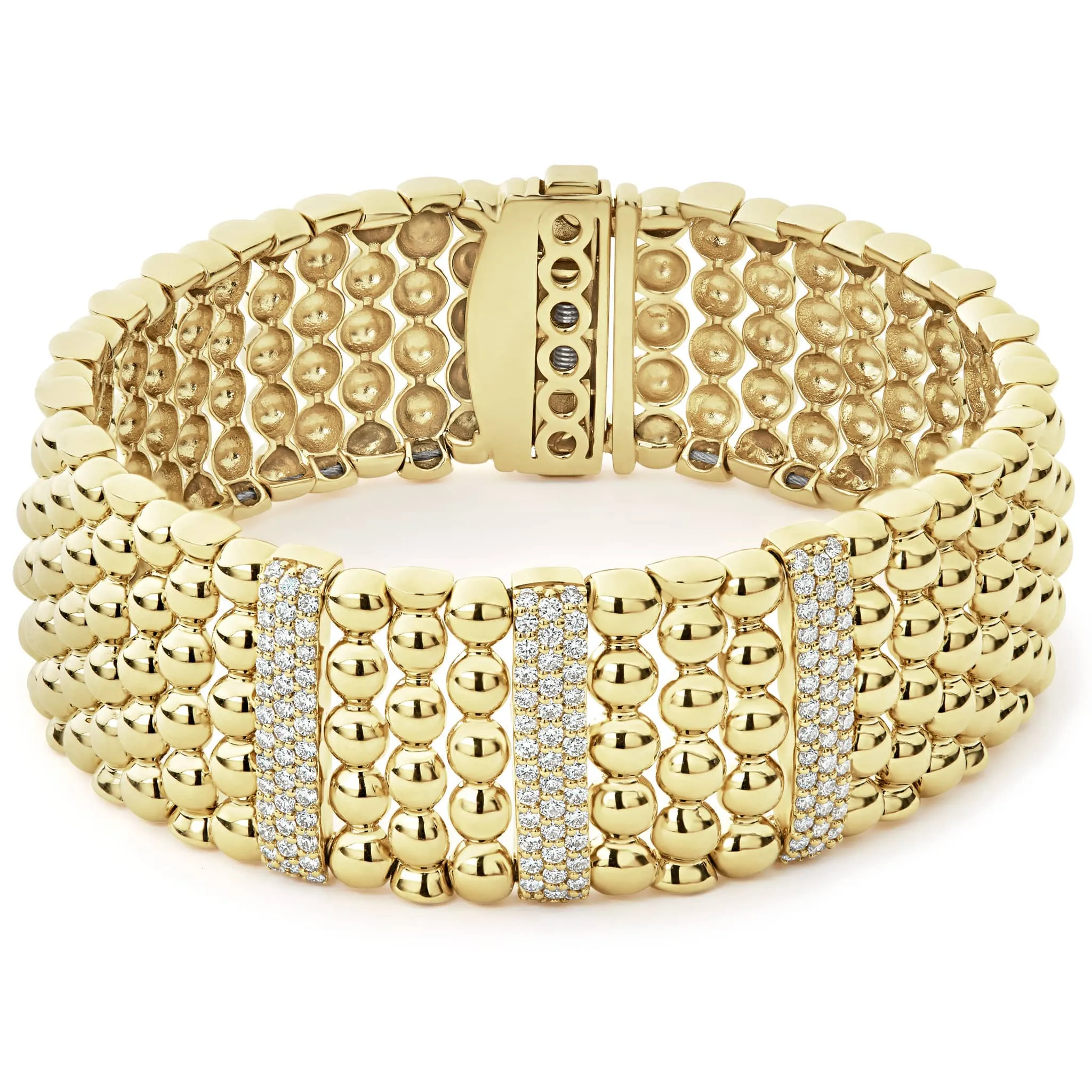 Caviar Gold Three Station 18K Gold Diamond Bracelet | 20mm