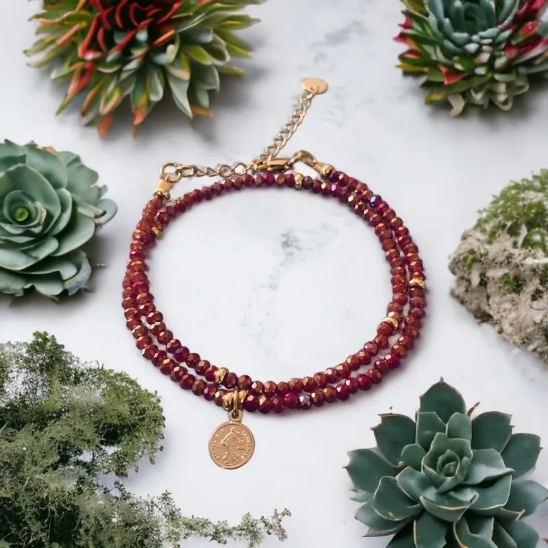 Clover Lucky Coin Bracelet With Ruby Indian Beads