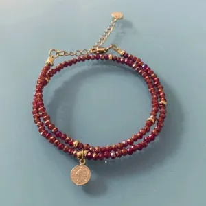 Clover Lucky Coin Bracelet With Ruby Indian Beads