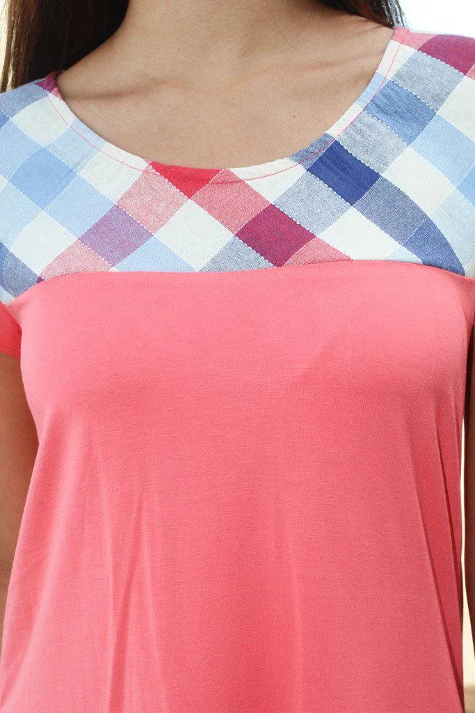 Coral And Plaid Asymmetrical Top