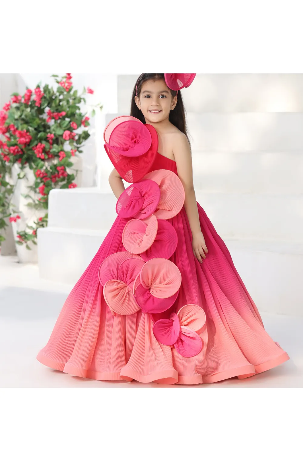 Coral One Shoulder Pleated Georgette Gown