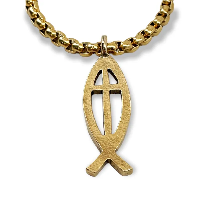 Cross Ichthus Fish Gold Finish Pendant Gold Heavy Chain Necklace