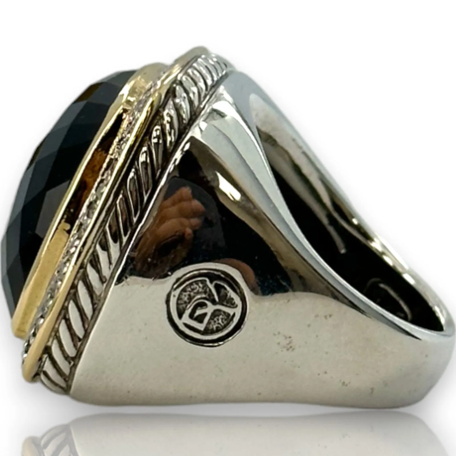 David Yurman DY 925 Sterling Silver and 18kt Yellow Gold Onyx 20mm Albion Ring with Diamond Halo Size 7.5