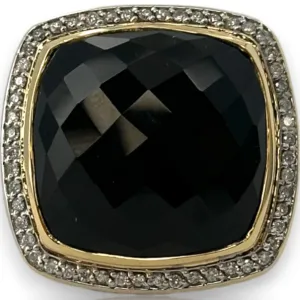 David Yurman DY 925 Sterling Silver and 18kt Yellow Gold Onyx 20mm Albion Ring with Diamond Halo Size 7.5