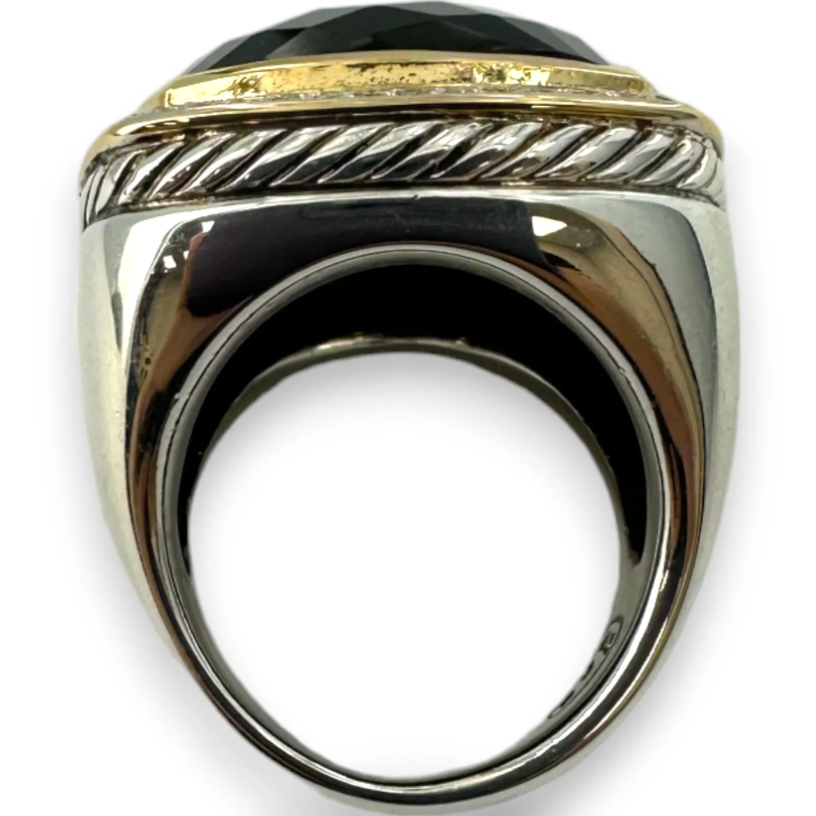 David Yurman DY 925 Sterling Silver and 18kt Yellow Gold Onyx 20mm Albion Ring with Diamond Halo Size 7.5