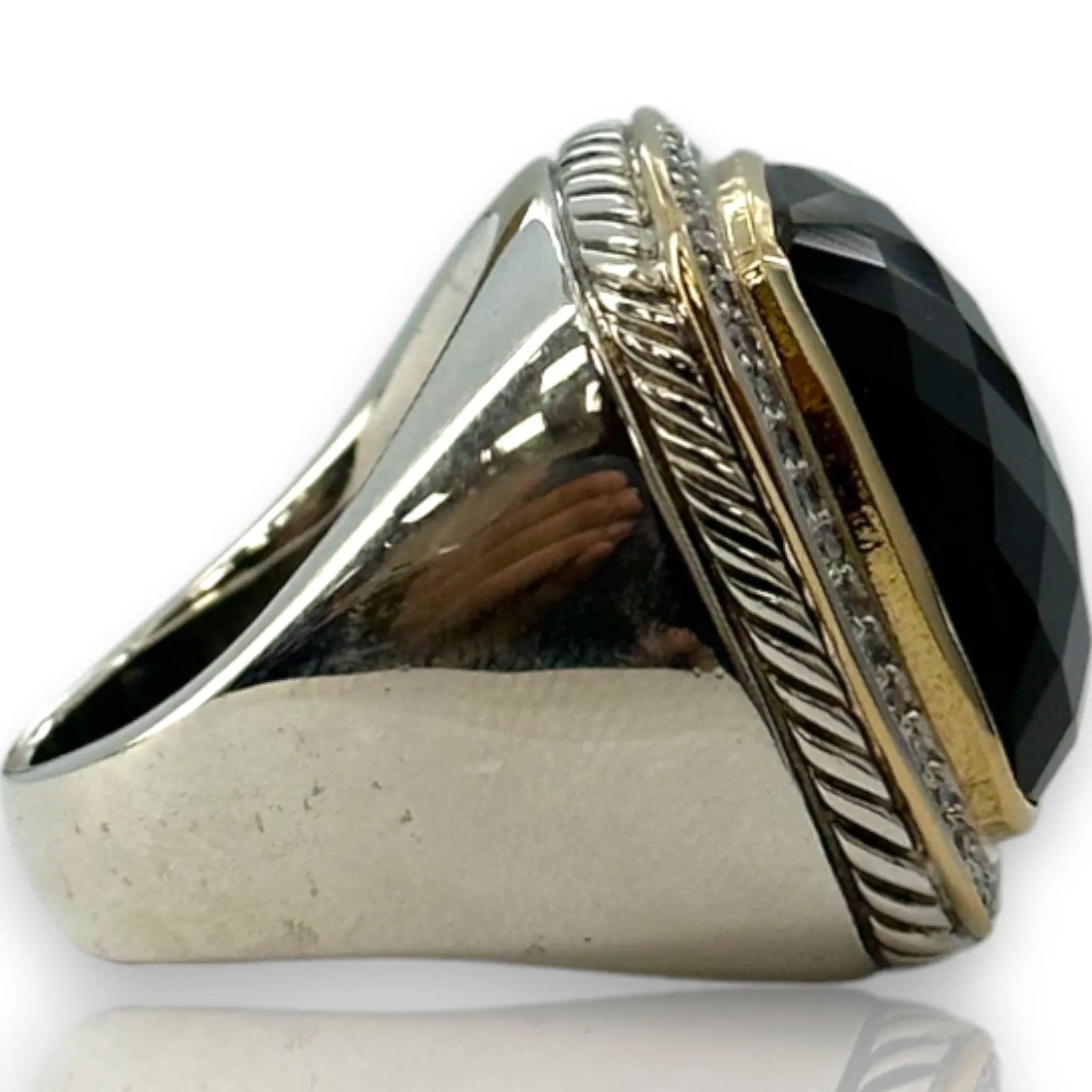 David Yurman DY 925 Sterling Silver and 18kt Yellow Gold Onyx 20mm Albion Ring with Diamond Halo Size 7.5