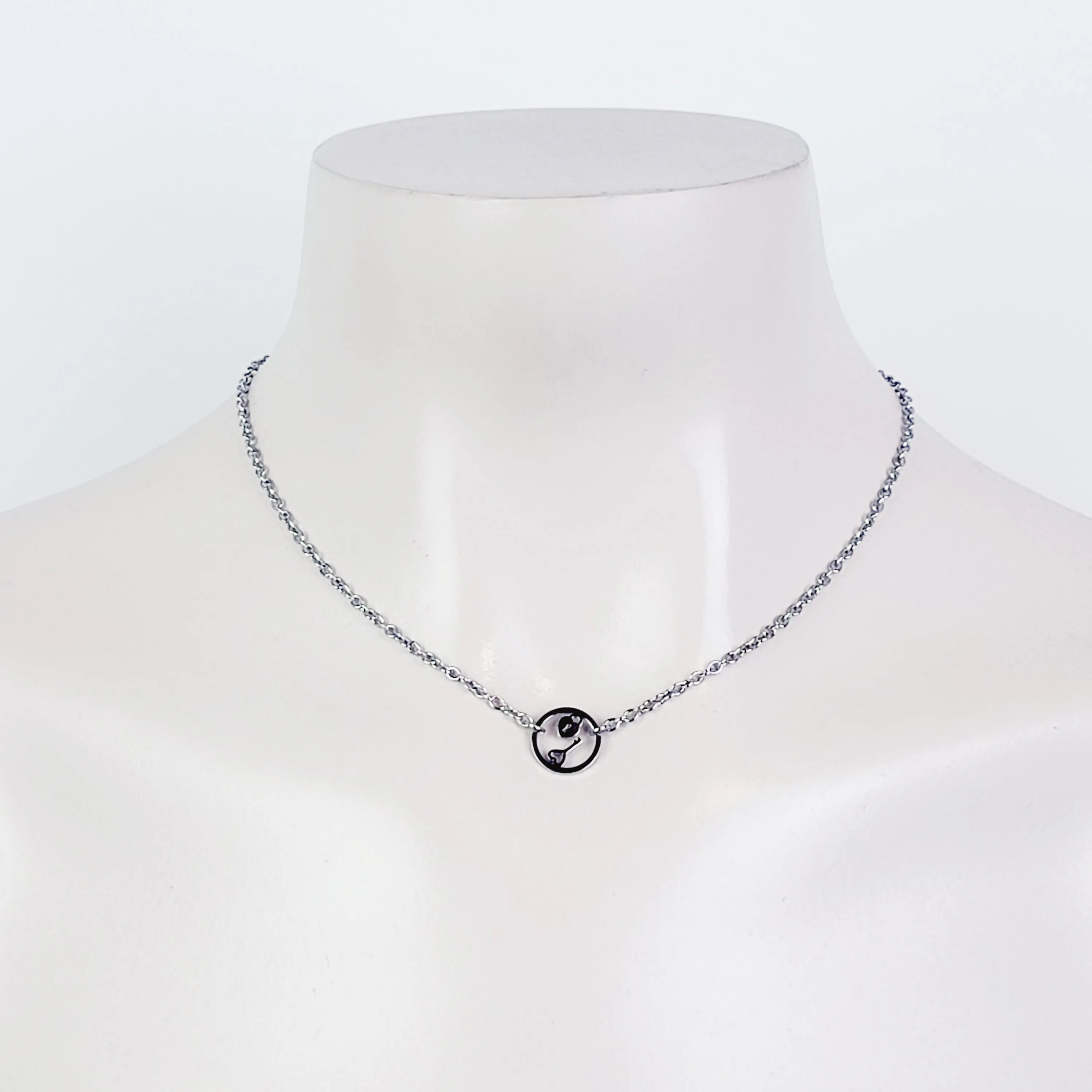 Day Collar, Stainless Steel with Circle of O Heart Locket and Key Pendant. 24/7 Wear Discreet Collar