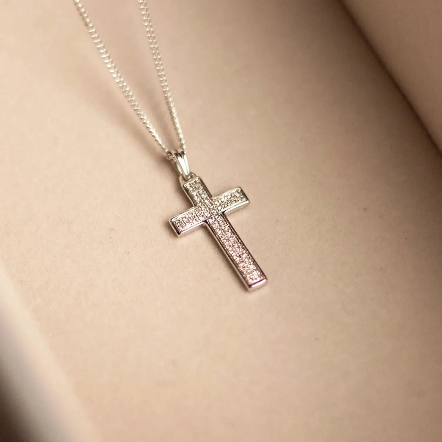 Diamond Cross Necklace in Solid White Gold