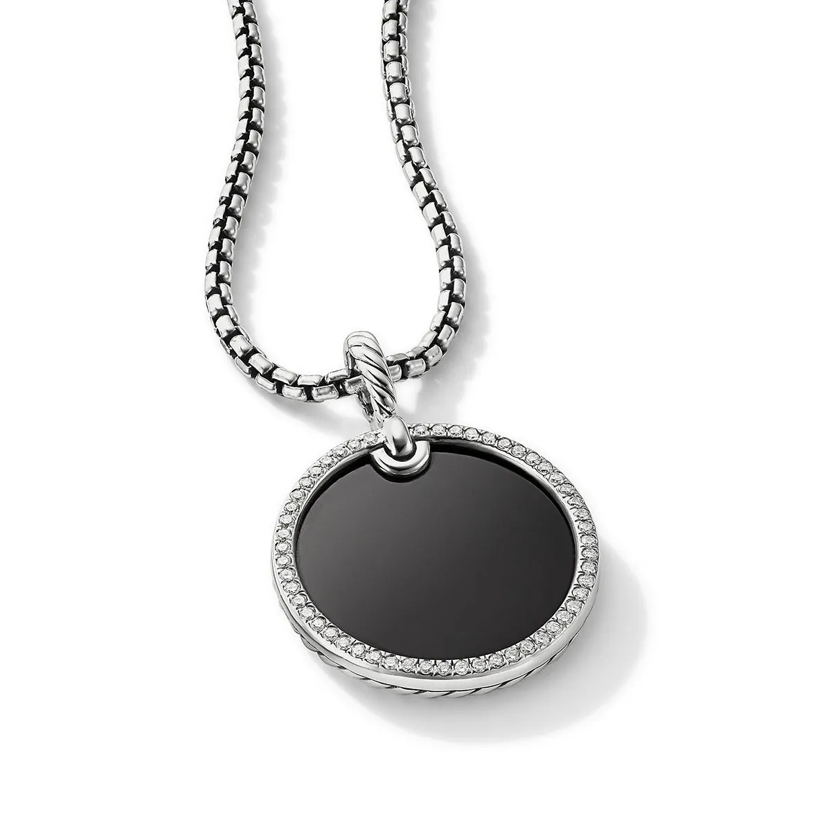 Disc Pendant in Sterling Silver with Black Onyx and Pave Diamond Rim