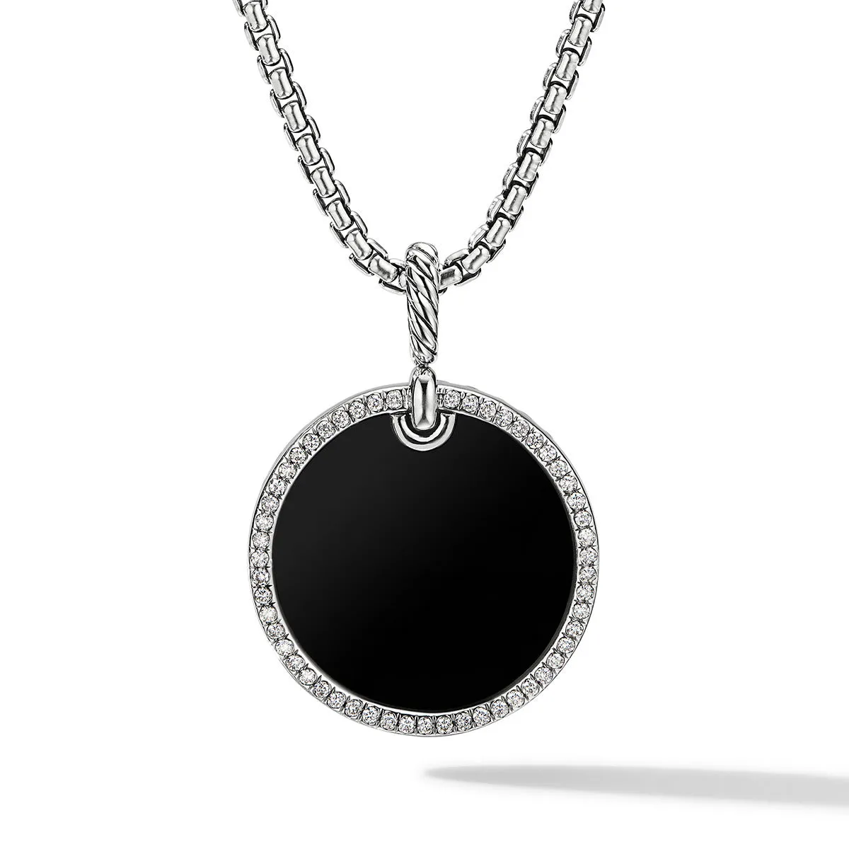 Disc Pendant in Sterling Silver with Black Onyx and Pave Diamond Rim