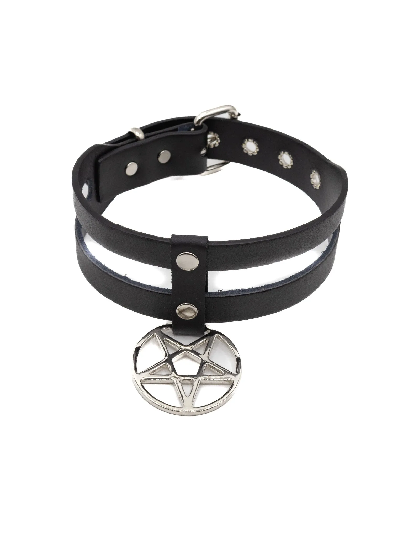 Double Strap Pentagram Choker- Silver