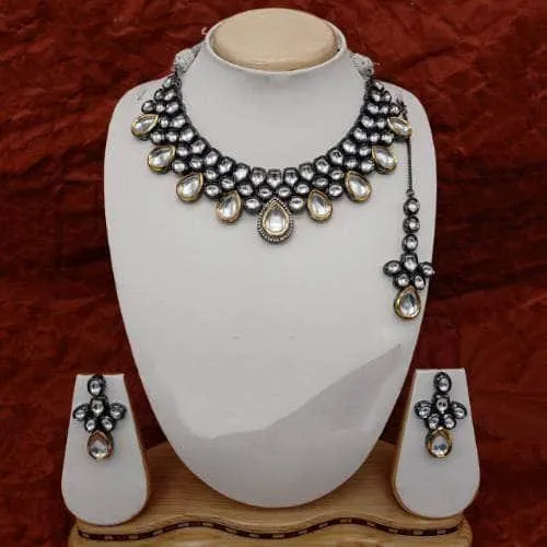 Dual Tonned Drop Ad Necklace Earring And Teeka Set